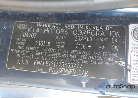 2007 Kia Spectra Ex z USA, uszkodzony, nr VIN KNAFE121775465277